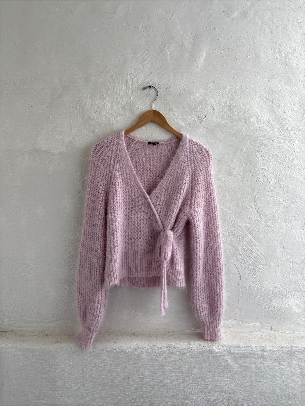 Express Fuzzy Ribbed Surplice Tie Sweater